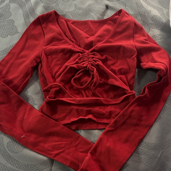 Tops - Elegant Red Ruched Long Sleeve Top